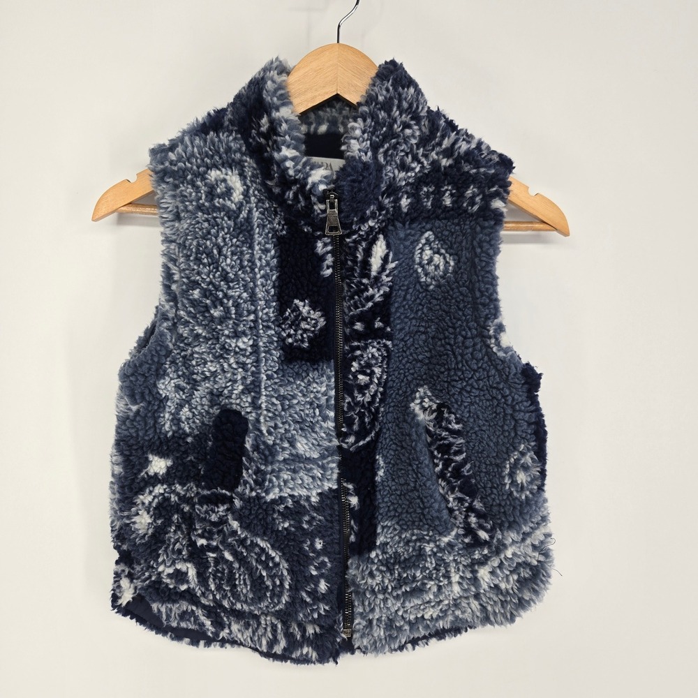 Zara Fleece Vest Kids 8-9 Blue Paisley Bandana Patchwork Sherpa Zip Up Jacket